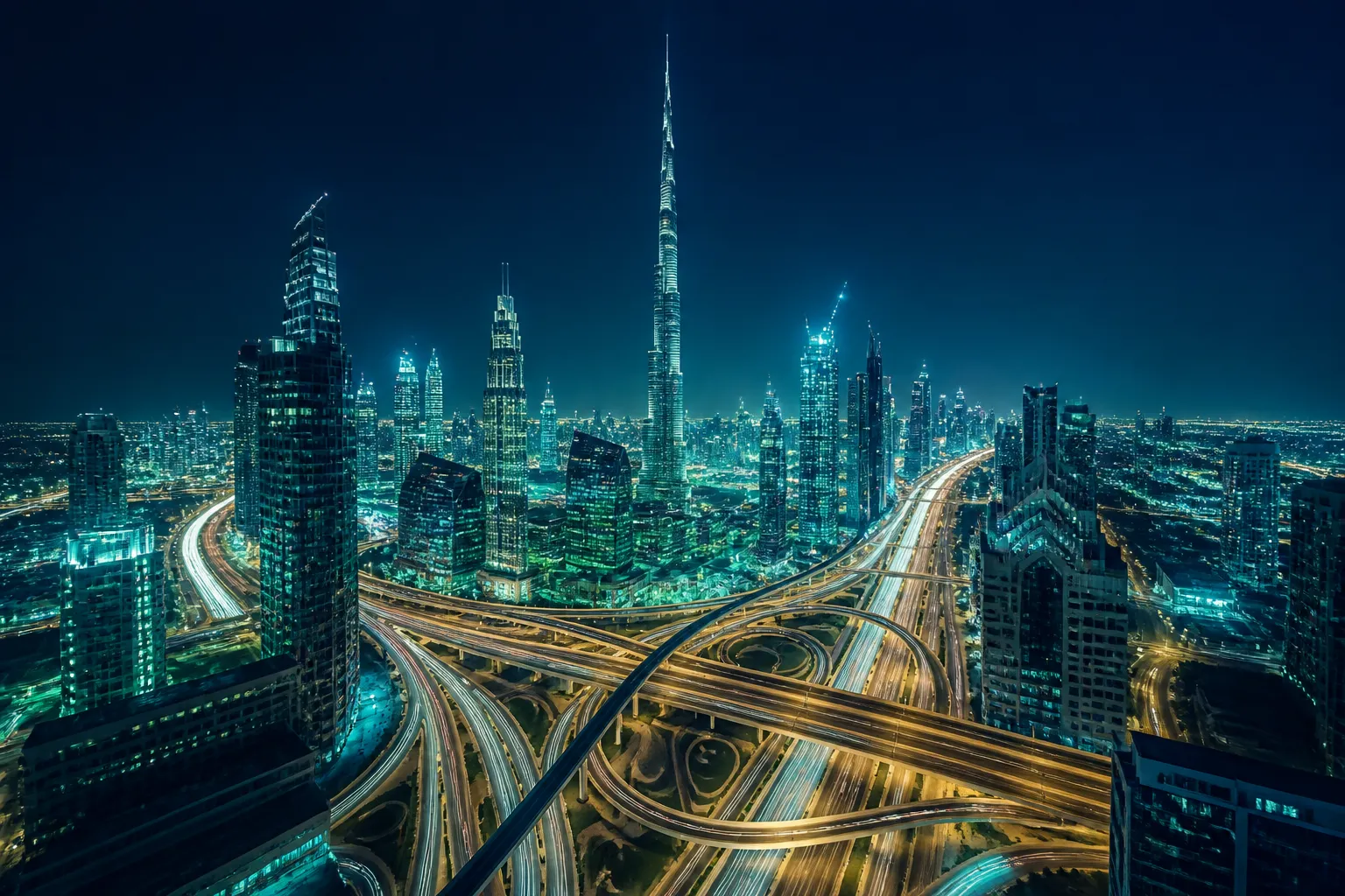 Dubai skyline at night showing connectivity and modern infrastructure